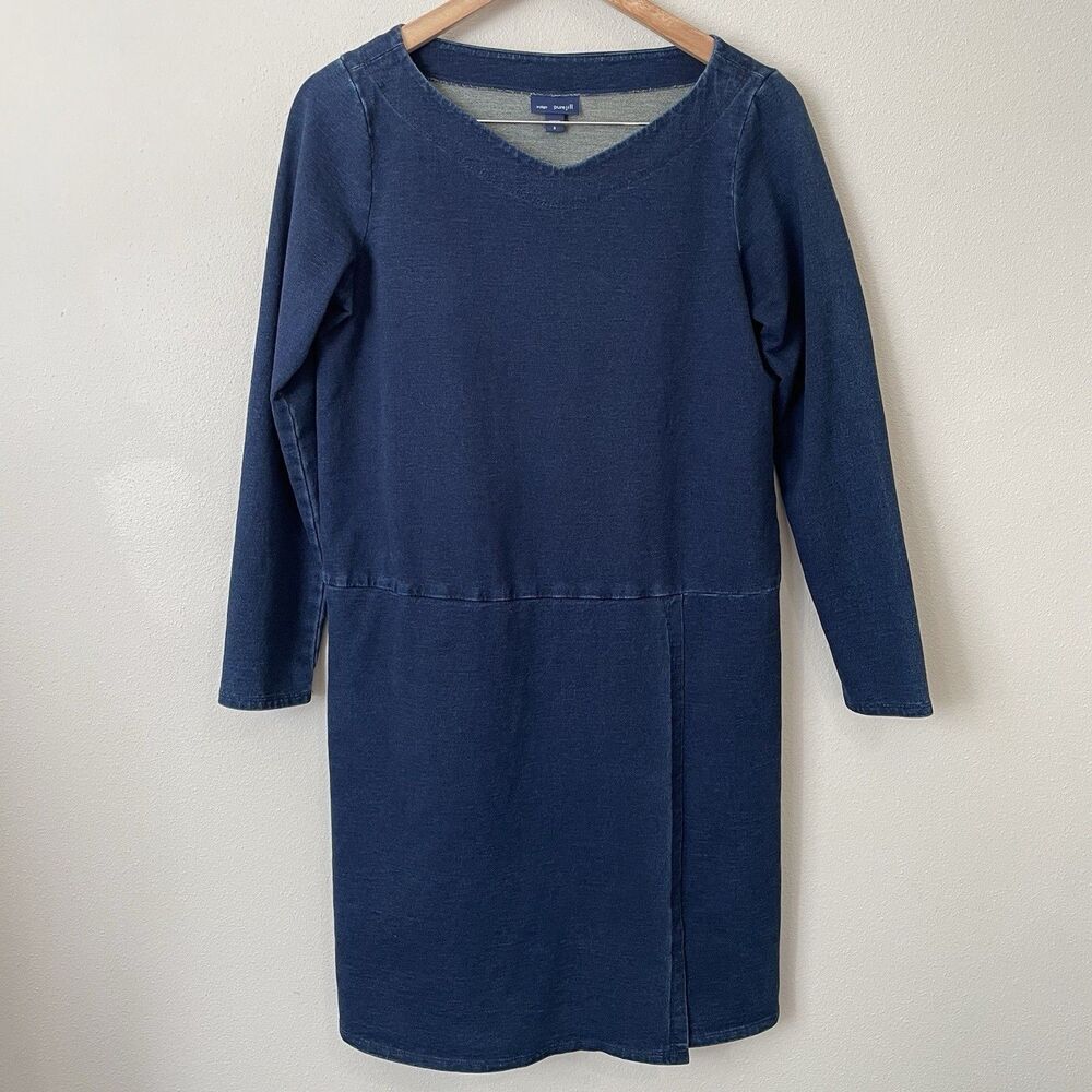 Pure Jill Indigo Blue Denim Look Knit V-Neck Faux Wrap Drop Waist Dress Small